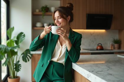 Femme élégante en blazer vert dans une cuisine moderne