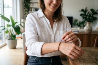 Femme élégante portant un bracelet minimaliste en cordon