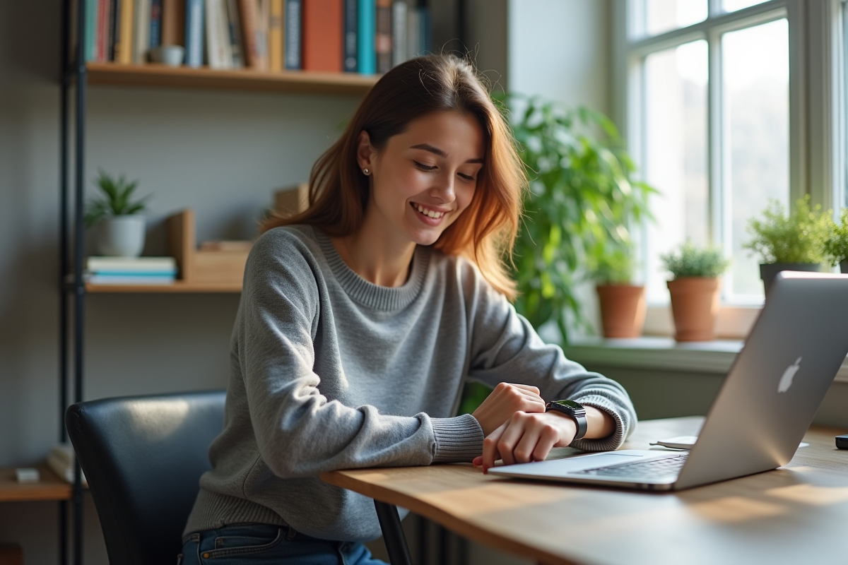 Jeune femme au bureau vérifiant sa smartwatch