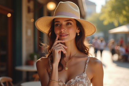 Femme élégante ajustant son chapeau au café en plein air