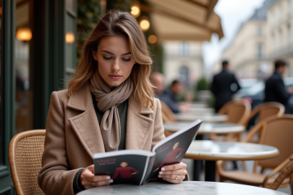 Femme élégante lisant un magazine mode à Paris