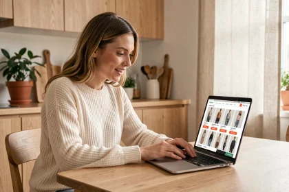 Femme comparant des ventes privées en ligne sur son ordinateur portable dans une cuisine moderne