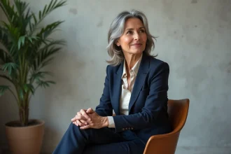 Femme confiante en blazer navy et blouse en satin