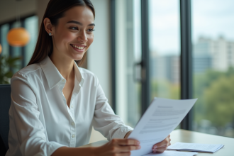 Jeune femme d'affaires dans un bureau moderne lisant un contrat