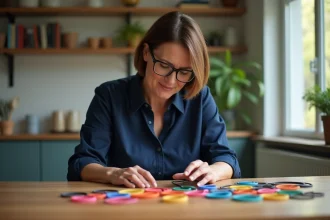Femme d'âge moyen examinant des elastiques colorés sur une table