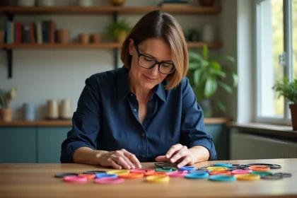 Femme d'âge moyen examinant des elastiques colorés sur une table