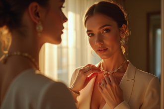 Femme élégante ajustant une chaîne en or devant un miroir