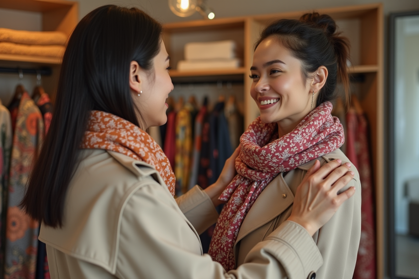 Femme souriante en trench et écharpe dans une boutique chaleureuse