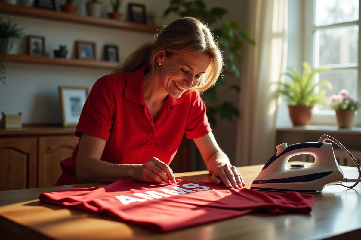 Femme vérifiant un jersey repassé sur une table en bois