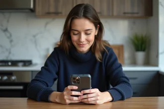 Jeune femme examine un iPhone 15 Pro dans une cuisine moderne