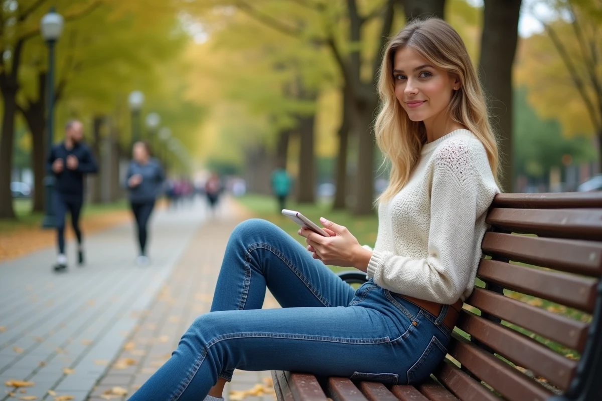 Femme en jeans haut taille assise dans un parc urbain ensoleille