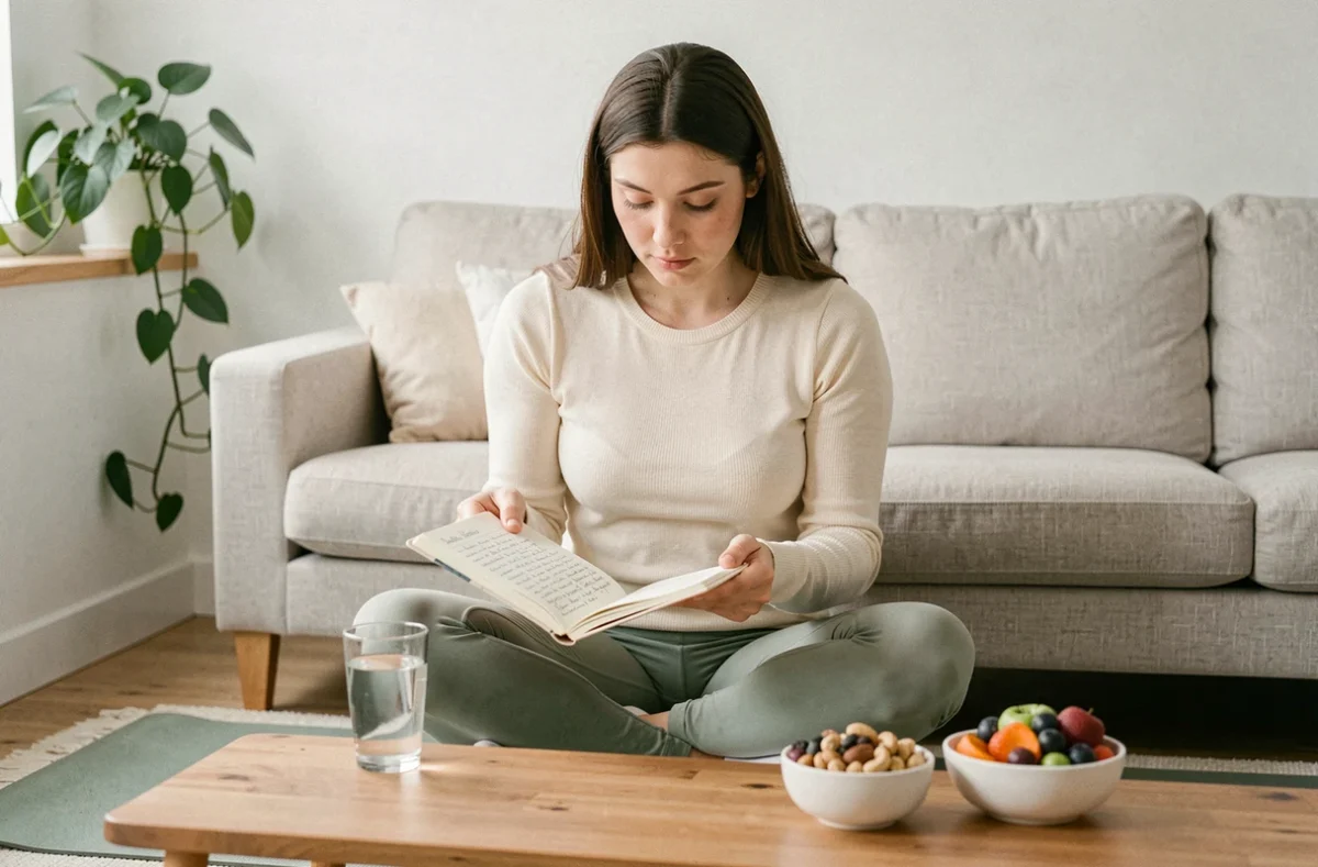 Jeune femme consultant un journal bien-être sur un tapis de yoga à la maison pour gérer son poids sainement