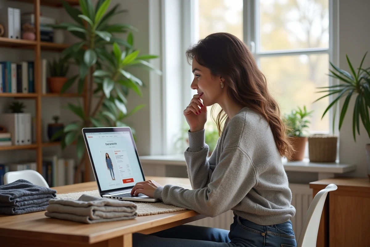 Jeune femme concentrée sur son ordinateur dans un appartement moderne