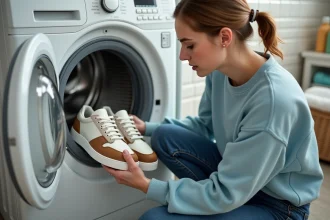 Jeune femme lavant des sneakers blanches en machine