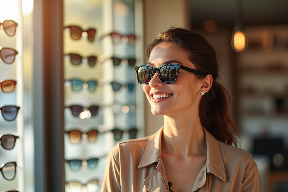 Femme souriante essayant plusieurs lunettes de soleil en boutique