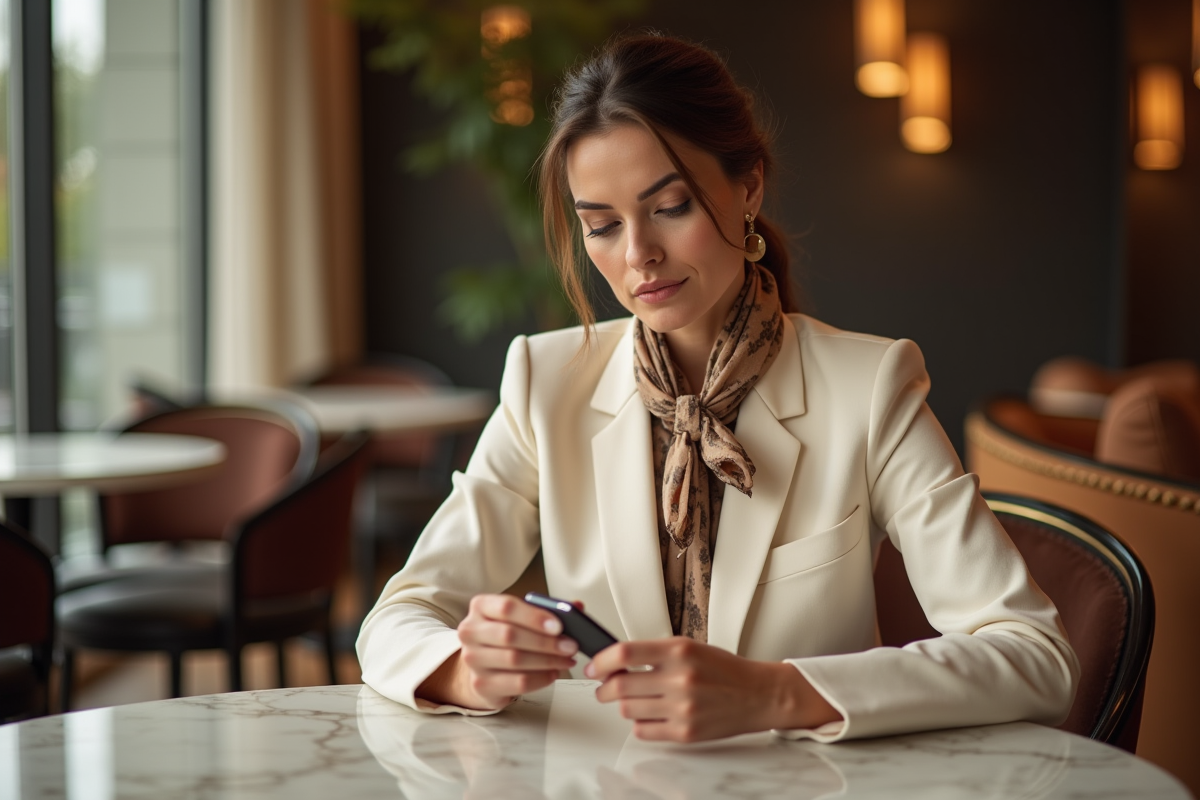 Femme élégante en blazer examine un accessoire luxe