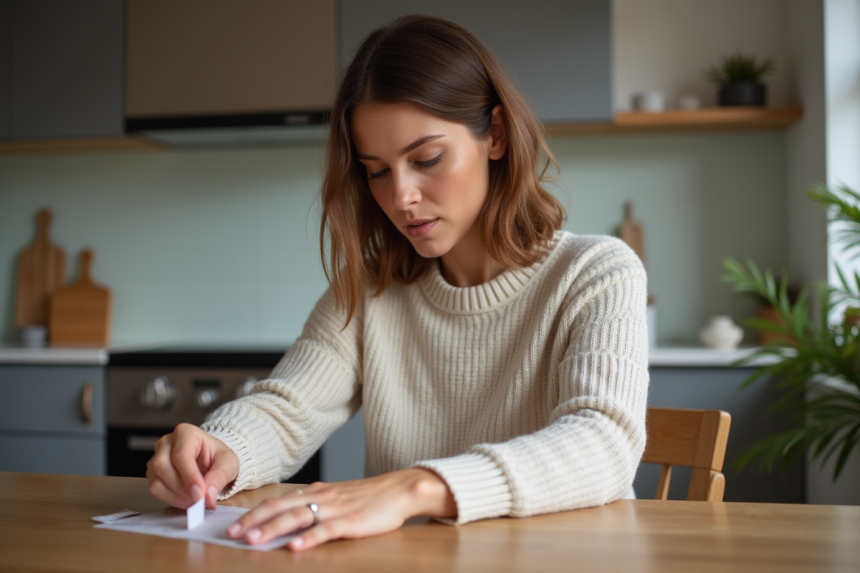 Femme mesurant son anneau dans une cuisine chaleureuse