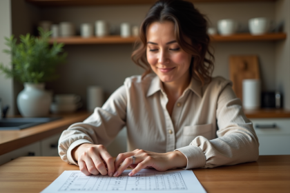 Femme souriante mesurant une bague chez elle pour l'achat de bijoux