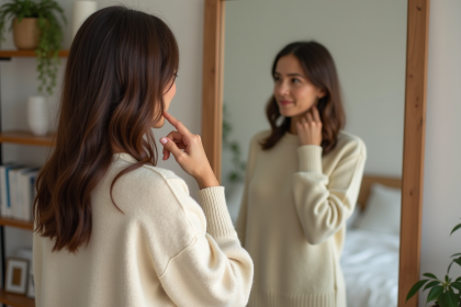 Femme regardant son reflet dans le miroir en intérieur moderne