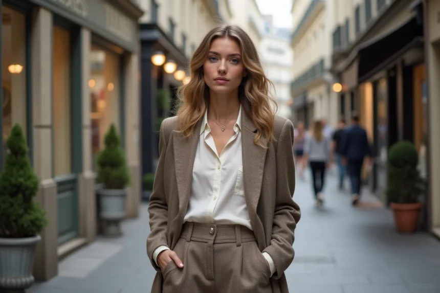 Femme en mode slow fashion dans une rue parisienne