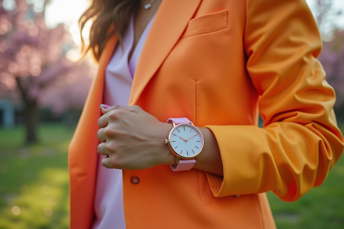 Femme portant une montre pastel dans un parc en fleurs au printemps