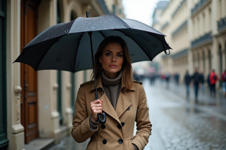 Femme élégante avec parapluie dans une rue parisienne