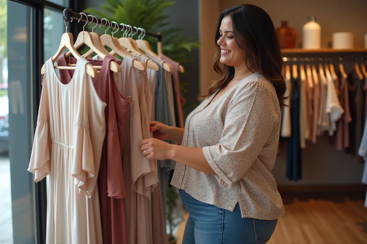 Femme confiante en boutique examinant une robe fluide