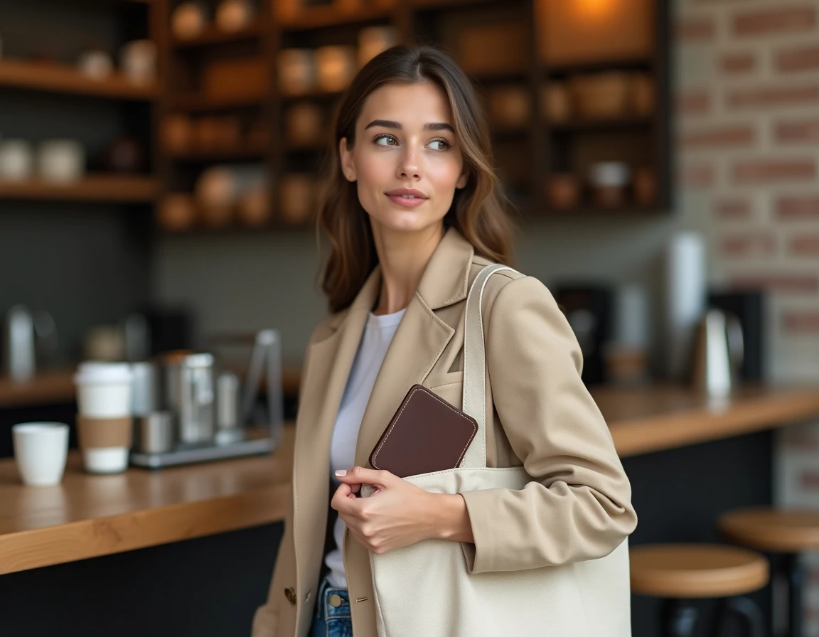 Femme tenant un porte-carte vegan en toile recycl&eacute;e dans un caf&eacute; urbain avec d&eacute;cor en brique