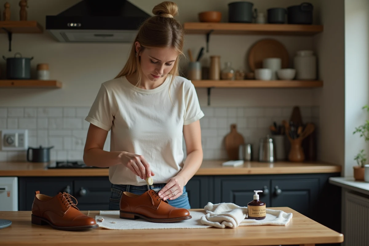 Jeune femme appliquant de la teinture sur une chaussure en cuir