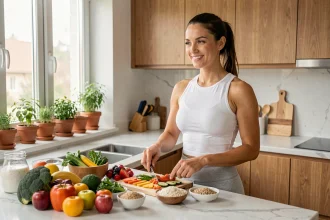 Femme athlétique préparant un repas équilibré dans une cuisine moderne pour atteindre un poids santé