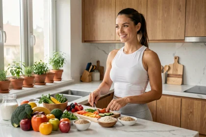 Femme athlétique préparant un repas équilibré dans une cuisine moderne pour atteindre un poids santé