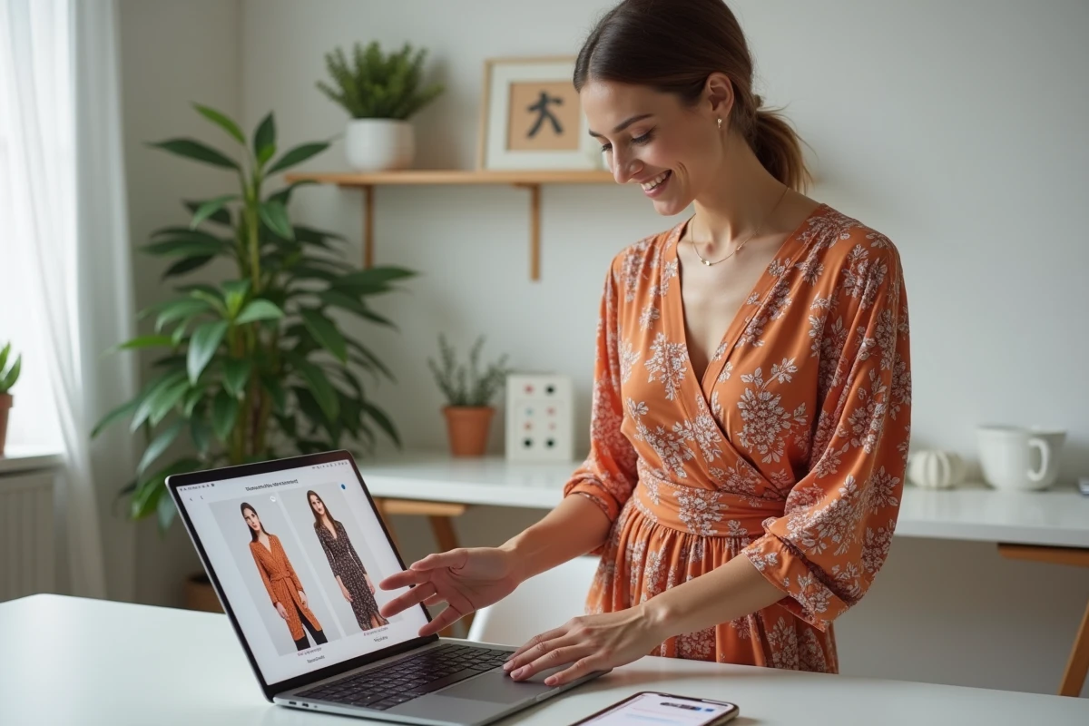 Femme en robe fluide terracotta achetant une robe d'été en ligne depuis son bureau à domicile