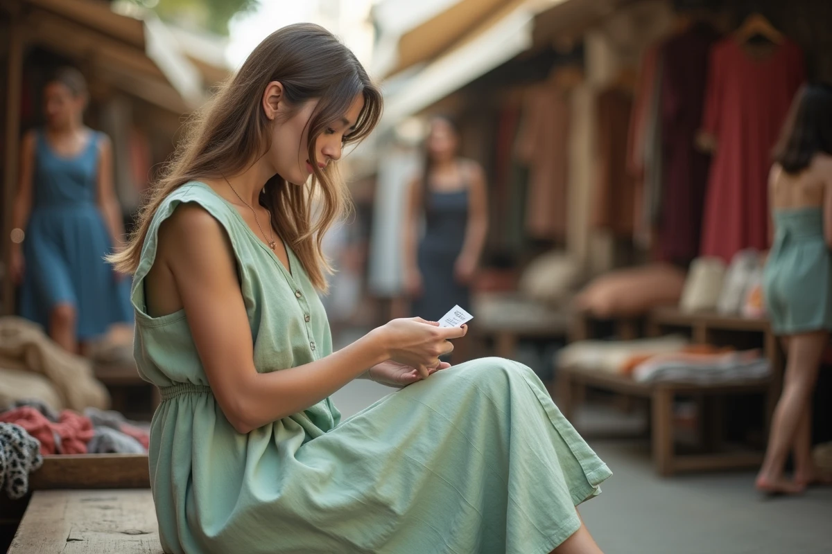 Femme en robe longue fluide lin vert sauge au marché de vêtements d'été en plein air