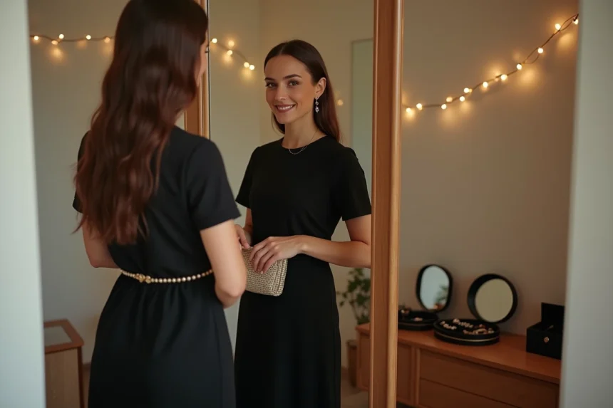 Femme stylant une robe noire classique avec des accessoires dorés pour le Nouvel An sans dépenser beaucoup
