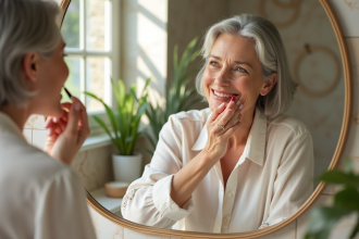 Femme d'âge moyen appliquant un rouge à lèvres rose dans son miroir