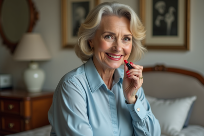 Femme confiante appliquant rouge à lèvres rouge naturel