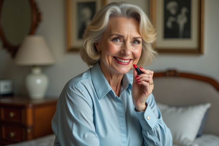 Femme confiante appliquant rouge à lèvres rouge naturel