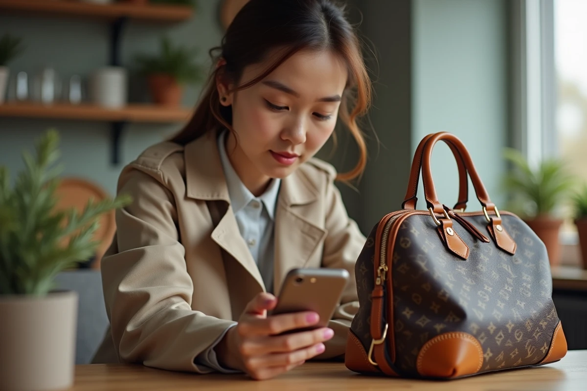 Femme examinant un sac à main de luxe dans un intérieur cosy