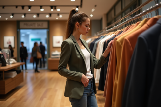 Femme élégante examinant des vêtements de luxe en boutique