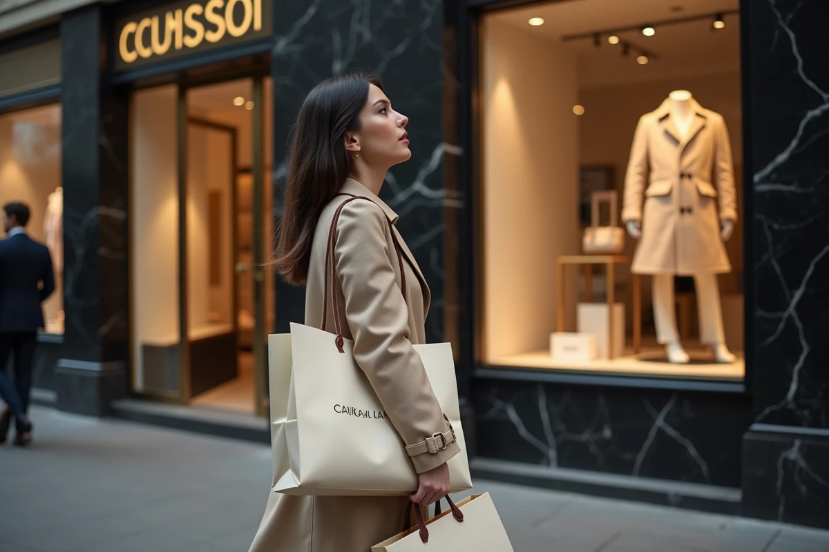 Femme élégante avec des sacs de shopping devant une boutique de luxe sur les Champs-Élysées