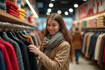 Jeune femme souriante dans un magasin de vêtements en soldes