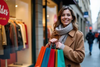 Femme souriante avec sacs de shopping devant boutique