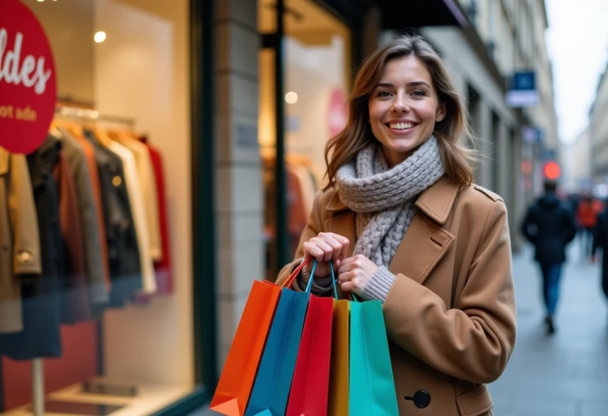 Femme souriante avec sacs de shopping devant boutique