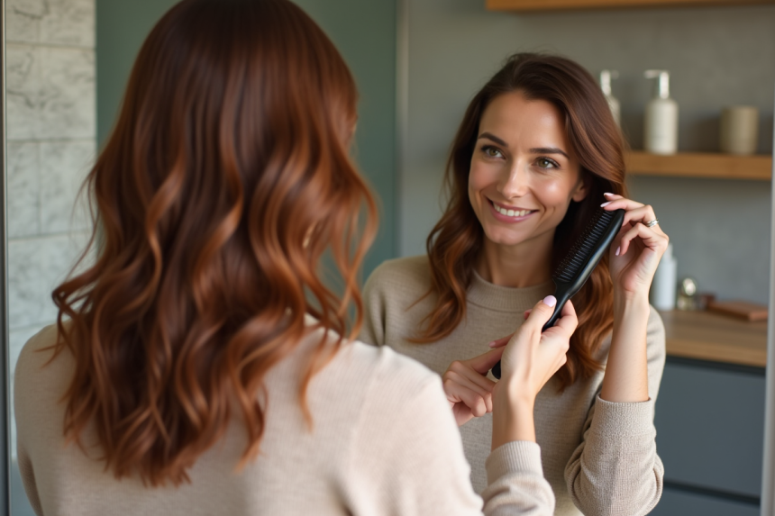 Femme souriante avec cheveux bruns brillants dans la salle de bain
