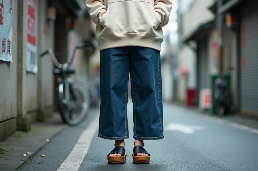 Jeune femme japonaise en tenue streetwear moderne portant des sandales geta à plateforme en bois dans une rue urbaine de Tokyo