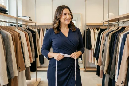 Femme taille 48-50 essayant une robe portefeuille ajustée dans une boutique de mode, avec un mètre ruban autour de la taille