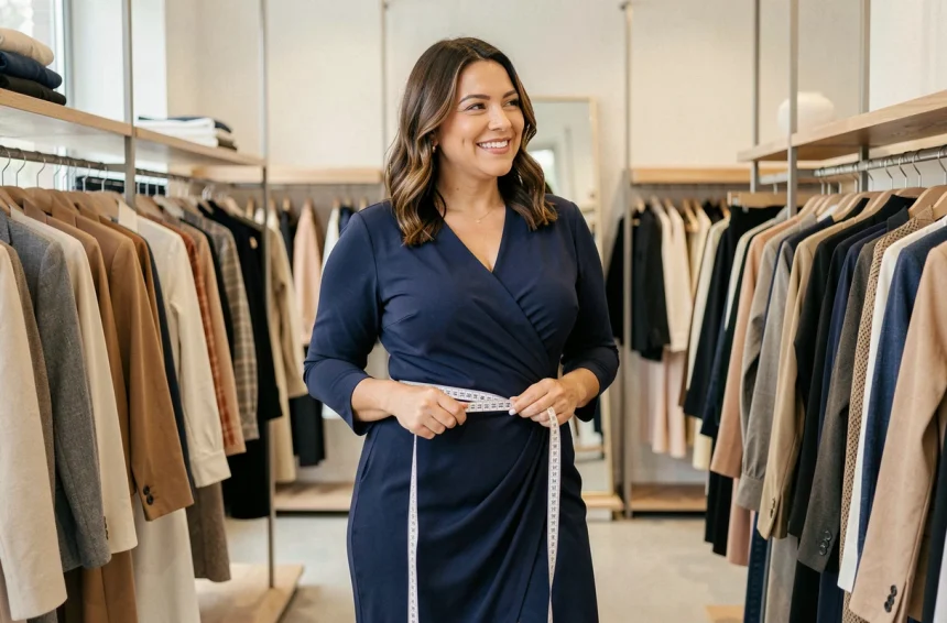 Femme taille 48-50 essayant une robe portefeuille ajustée dans une boutique de mode, avec un mètre ruban autour de la taille