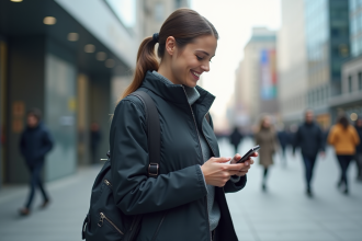 Femme souriante en vêtements tech urbains modernes