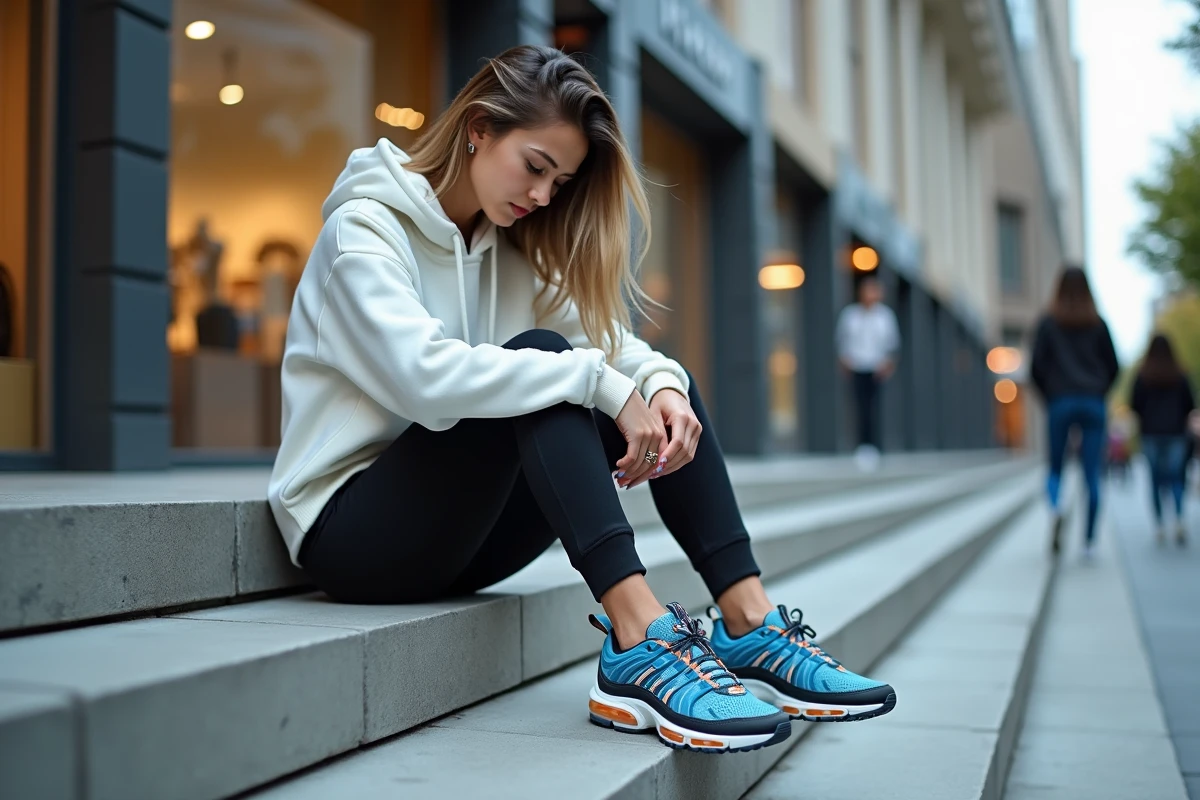 Femme attachant ses sneakers Air Max Plus en ville
