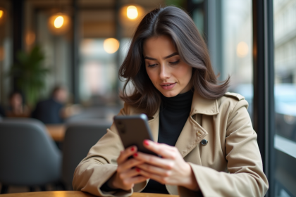 Femme en trench beige utilisant son smartphone dans un café